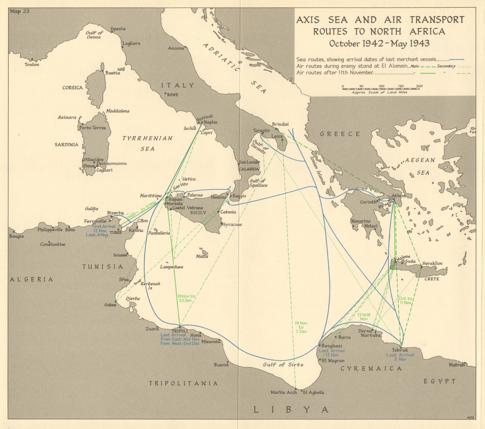 Axis North Africa sea & air transport routes. Oct 1942-May 1943. WW2 1966 map